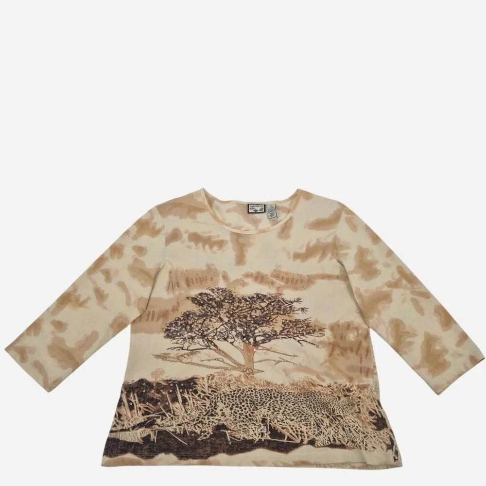 Caribbean Joe Y2K safari cheetah graphic sequin‎ top